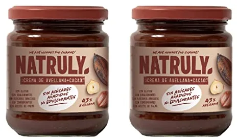 NATRULY Crema de Avellanas y Cacao Sin Azúcar y Sin Edulcorantes, con Fibra de Achicoria, 43% Avellana (Pack 2 * 285g)