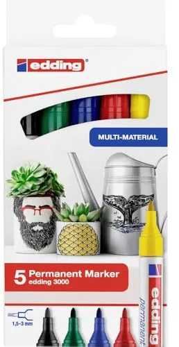 edding 3000 marcador permanente - rojo azul verde amarillo negro - juego de 5 colores - punta redonda - indeleble de secado rápido resistente al agua y a los borrones - cartón plástico madera metal