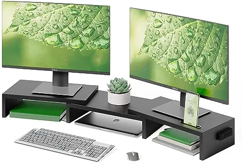 BONTEC Elevador Monitor de Madera para Doble Monitors, Soporte para Monitor Escritorio con Monitor Smartphone Holder, Madera Soporte para Monitor Escritorio de Longitud Ajustable y Giratorio Ángulo