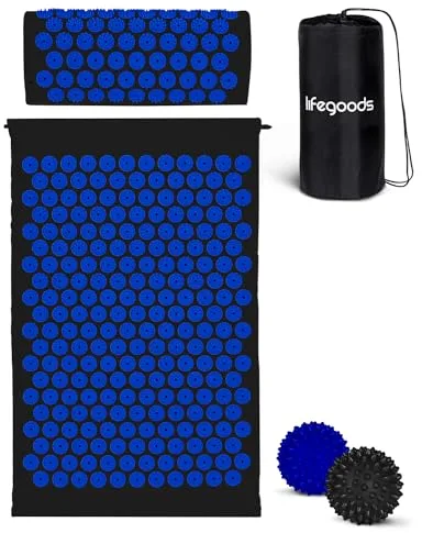 LifeGood Esterilla Acupresion - Eco - Con Cojín, Bolas de Masaje y Bolsa - Almohada - Colchoneta de Acupuntura Relajación y Alivio del Dolor - Flor de Loto - Negro & Azul