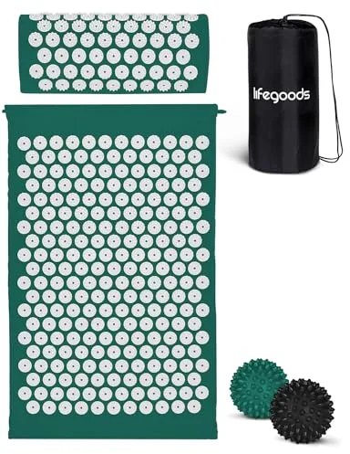 LifeGood Esterilla Acupresion - Eco - Con Cojín, Bolas de Masaje y Bolsa - Almohada - Colchoneta de Acupuntura Relajación y Alivio del Dolor - Flor de Loto - Bianco & Verde