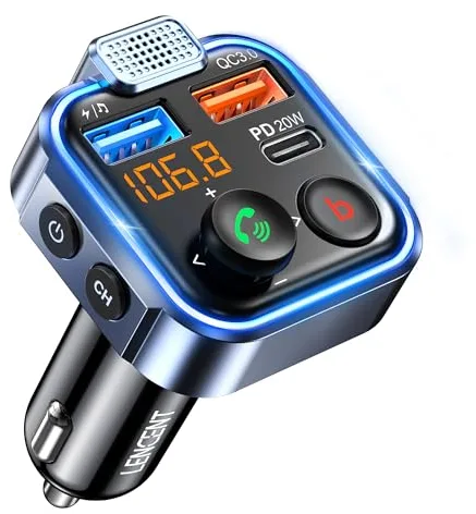 LENCENT Transmisor FM Bluetooth 5.3,Manos Libres Reproductor Música Coche, Deep Bass Sonido Hi-Fi, Adaptador Radio Bluetooth 2 USB+Tipo C 20W Carga Rápida, Soporte Memoria USB