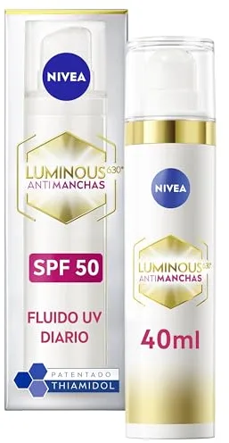 NIVEA Luminous630 - Crema de Día Antimanchas FP50 - Fluido Triple Protección - Con Ácido Hialurónico Y Thiamidol - Uniforma el Tono - Hidratación Profunda - Fluido UV Diario FP50-40 ml