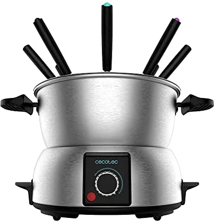 Cecotec Fondue eléctrica Fun GourmetFondue. 1000 W de Potencia, Termostato regulable, Acero Inoxidable, para Queso, Chocolate y Aceite, Incluye 8 Tenedores, Piezas aptas para lavavajillas