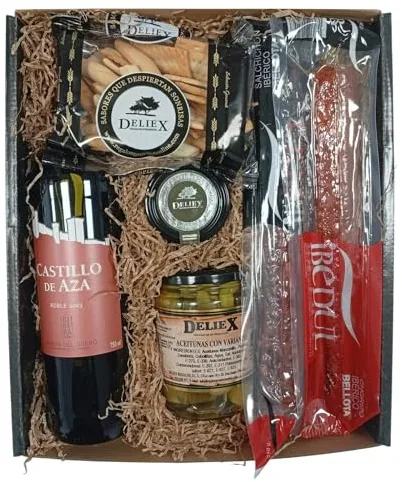 Cesta Gourmet con Vino Castillo de Aza, Embutidos ibéricos, Aceitunas, Queso y Picos Deliex. Un Lote Gourmet para Regalar en cumpleaños, día del Padre o de la Madre, Navidad o por Agradecimiento