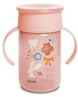 SUAVINEX, Vaso Aprendizaje Bebé, Vaso 360 con sistema Antiderrame y Antigoteo, con Asas y Tapa, para Bebés +12 Meses, Apto para Lavavajillas, 340 ml, Rosa