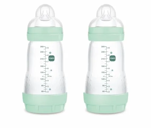 MAM Pack 2 Biberones Anticólicos, 2-4 Meses, 260ml, con Tetina 2 Flujo Medio de Silicona de Fácil Aceptación, Autoesterilizable y Fácil de Limpiar, MAM Easy Start Anti-Colic, Azul Brillante, 2uds
