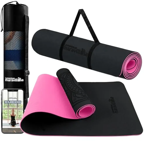 LA MENTE ES MARAVILLOSA - Esterilla de Yoga, Pilates y Fitness【E-Book, Bolsa y Correa de Hombro】Colchoneta Antideslizante TPE para Deportes, Gimnasio en Casa | 183x61 cm (Mandala, Negro/Rosa)