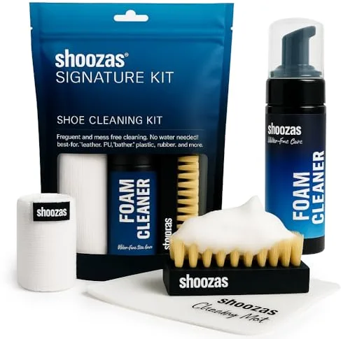Shoozas - Kit de Limpieza Zapatillas - Limpiador en Espuma, Alfombrilla Impermeable, Cepillo y Toalla de Microfibra - Ideal para Cuero, Goma, Plástico y Suelas - Sin Agua, Sin Tóxicos, Secado Rápido