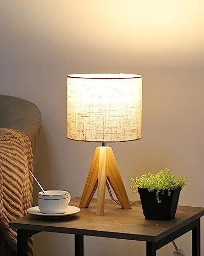EDISHINE Lámpara de Noche de Madera, Lámpara de Mesa con Trípode, Casquillo E27, Pantalla de Lino Beige Vintage para Oficina, Sala de Estar, Dormitorio