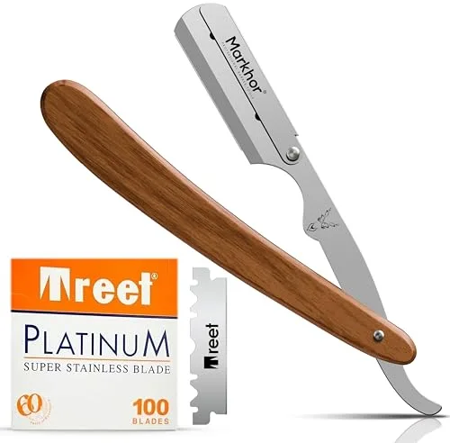 MARKHOR Navaja Afeitar Profesional Para Hombre Con 100 Cuchillas De Afeitar, Madera de Rosa Navaja De Afeitar Barbero Clásica, Kit Barba Premium