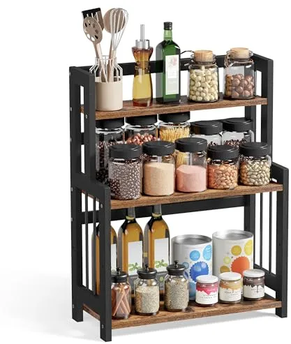 SONGMICS Especiero, Estante de Especias, Estante Almacenamiento de 3 Niveles, en la Encimera, Organizador, Marco de Bambú, para Cocina, Comedor, Oficina, Marrón Rústico y Negro OFS047B01