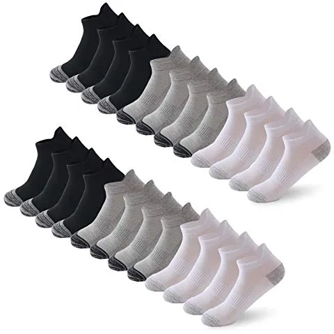 12 Pares de Calcetines Tobilleros Deportivos Para Hombres y Mujeres Calcetines de Corte Bajo de Algodón, Blanco/Gris/Negro (Negro*4 + Blanco*4 + Gris*4, 41-46)
