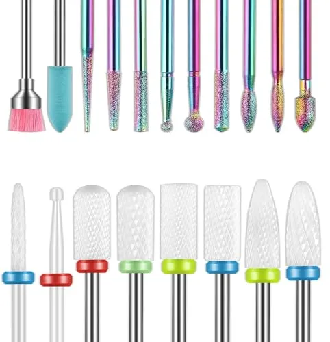 Juego de 19 brocas para uñas, 3/32'' lima de uñas eléctrica de diamante kit puntas de uñas de gel acrílico de cerámica, herramientas de arte de uñas acrílicas, brocas de carburo para quitar cutículas