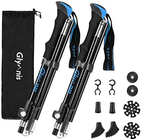Glymnis Bastones de Senderismo Bastones Trekking Plegables 2pcs 36cm-130cm de Aleación de Aluminio 7075 y EVA para Senderismo Alpinismo Trail Viaje