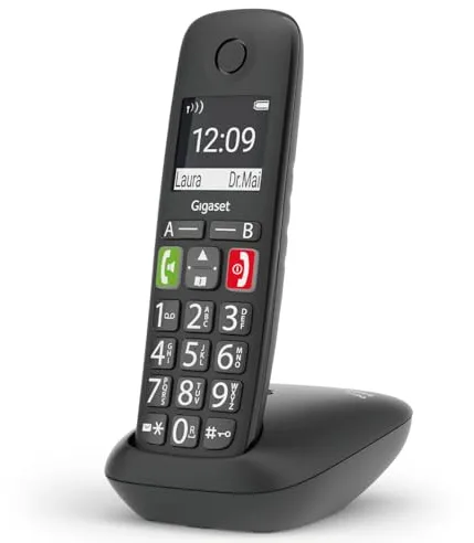 Gigaset E290 - Teléfono DECT Inalámbrico - Botones Grandes - Pantalla Iluminada en Blanco y Negro - Control de Volumen, Negro [Versión Española]