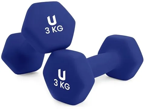 unycos - Par de Mancuernas Antideslizantes de Neopreno, Pesas【3 kg】Ergonómicas con Diseño Hexagonal y Anti-Rodadura, Resistentes, Ideales para Entrenamiento de Fuerza y Gimnasio en Casa (Azul)