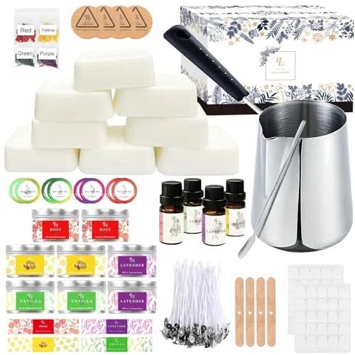 ETUOLIFE Kit de Fabricación de Velas Perfumadas, Kit de Regalo Bricolaje,480g Cera de Soja,8 Latas de Velas,4 Aceites Aromáticos,4 Bloques de Tinte,50 Mechas de Velas y 50 Pegatinas