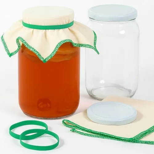 myFERMENTS - Tarros Grandes de Cristal con Tapa | Botes de Boca Ancha de 2L | Incluye 2 Muselinas de Algodón y 2 Gomas | Ideal para Kombucha, Kefir y Conservas | Incoloro, Vidrio