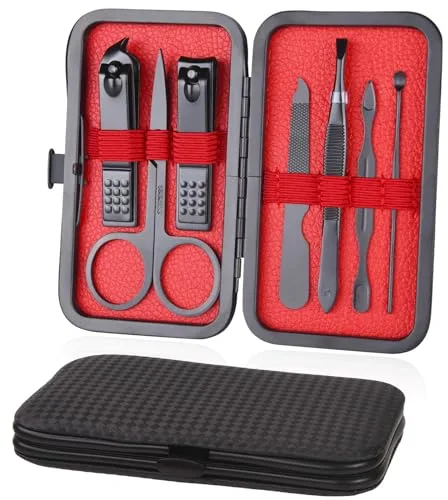 URAQT Juego de Manicura, Set de 7 Piezas Profesional Cortaúñas, Acero Inoxidable Grooming Kit para Manicura y Pedicura Limpiador Cutícula con Caja
