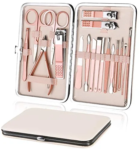 URAQT Manicura Pedicura Set, 18 Piezas Cortaúñas, Tijeras de Uñas con Herramientas Remover Cutícula, Acero Inoxidable, para Viajes y hogar, con Caja de Cuero