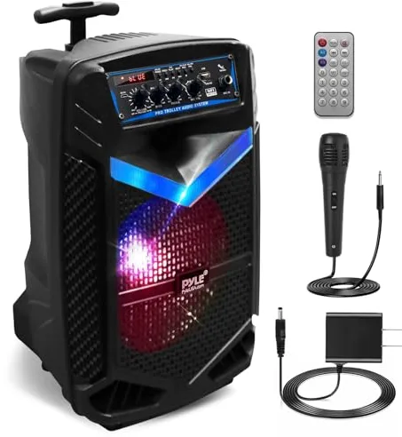 Pyle Sistema de Altavoces, PA, 400W, Bluetooth, portatil, Recargable, Exteriores, subwoofer de 8”, Tweeter de 1”, función de grabación, micrófono, Luces de Fiesta, Radio USB/SD, Color Negro