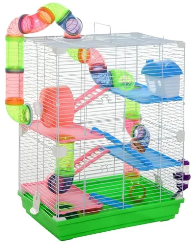PawHut Jaula para Hámster de 5 Niveles, Casa para Roedores Pequeños con Túnel, Plataformas, Cuenco, Bebedero, Casita, Rampas y Rueda de Ejercicio, para Jerbos, 46x30x58 cm, Verde