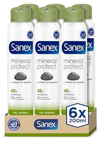 Sanex Mineral Protect Desodorante Spray, Pack 6 Uds x 200 ml, Protección 48h contra el Mal Olor, con Piedra de Alumbre, 0% Alcohol, Sin Alérgenos ni Colorantes, Piel Normal