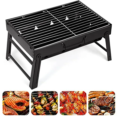 AGM Barbacoa de carbón portátil para 5 a 7 personas, mediana parrilla de carbón plegable portátil para picnic, viajes, terraza o camping en el jardín (52 x 29 x 22 cm)