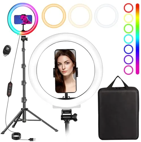 Aro de Luz con Trípode Alto Total 180cm, MICCYE 10'' Ring Light RGB Anillo de Luz LED para Movil Live Selfie Vlog Video