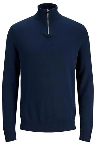 JACK & JONES Cárdigan Masculino con Cremallera de Cuarto de Color Liso Chaqueta de Punto con Cremallera de Cuarto, Azul Marino, XL