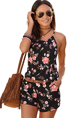 JFAN Monos de Vestir Mujer Jumpsuit de Verano Casuales con Estampado Floral Mono sin Mangas con Bolsillos Flor de durazno,S