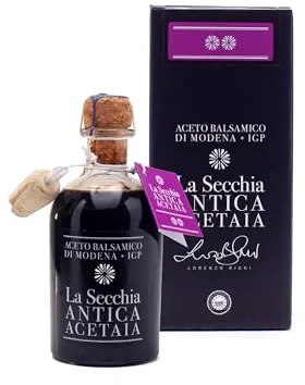 La Secchia - Aceto Balsámico de Módena IGP "Dos Estrellas", madurado en 8 barricas de roble, densidad media-baja, botella de 250 ml con tapón dosificador de corcho.