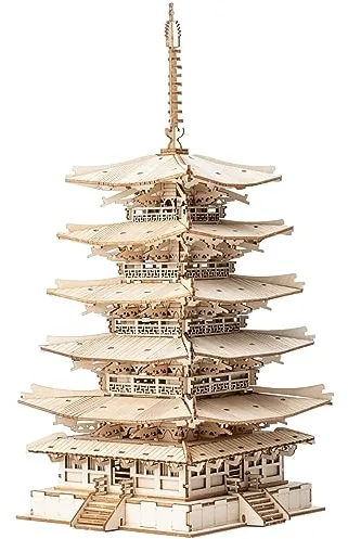 ROBOTIME Puzzle 3D, Kits De Modelo De Madera Para Construir Adultos, Pagoda De Cinco Pisos, Construcción De Edificios Mecánicos