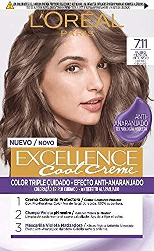 L'Oreal Paris Excellence Creme Tinte Permanente, Tono 7.11 Rubio Ceniza Intenso, 260 g (Paquete de 1), El embalaje puede variar