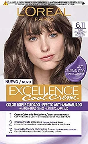 L'Oreal Paris Excellence Creme Tinte Permanente, Tono 6.11 Rubio Oscuro Ceniza, 260 g (Paquete de 1), El embalaje puede variar