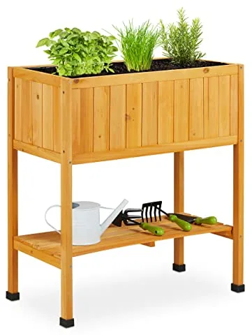 Relaxdays Huerto Urbano Madera, Bancal, Jardinera, Balda de Herramientas, 80,5 x 74 x 38 cm, Jardín, Balcón, Naranja