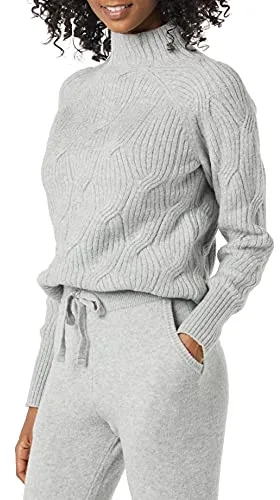 Amazon Essentials Suéter Trenzado Suave al Tacto con Cuello Embudo para Mujer, Color Gris Jaspeado, Talla XS