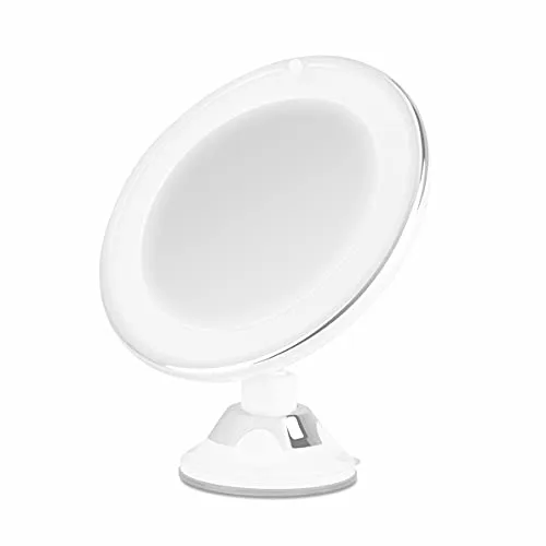 Orbegozo ESP 1010 - Espejo cosmético con luz LED, orientable 360 Grados, Aumento 10x, Ventosa Ajustable, Vidrio óptico, Funciona a Pilas, Gris, Blanco