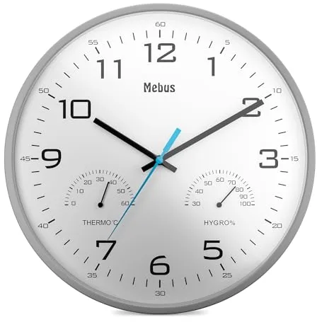 MEBUS analoge Quarz Wanduhr mit Thermometer und Hygrometer, Farbe: Grau/Weiß, Modell: 16182