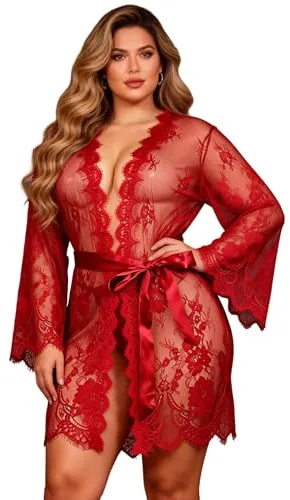 ohyeahlady Mujer Conjunto de Lencería Bata Kimono de Encaje con Manga Larga Albornoz Sexy Talla Grande(Rojo, 5XL-6XL)