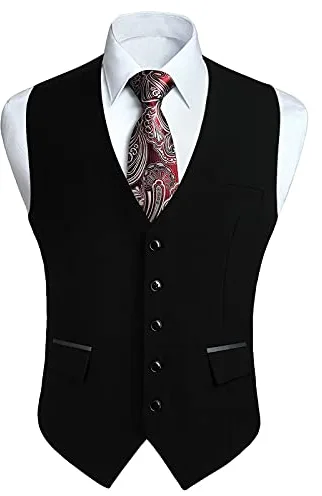 HISDERN Chaleco Traje Negro Hombre Boda Chalecos de Vestir Original Chaleco Elegante de Fiesta Negocio con Bolsillos M