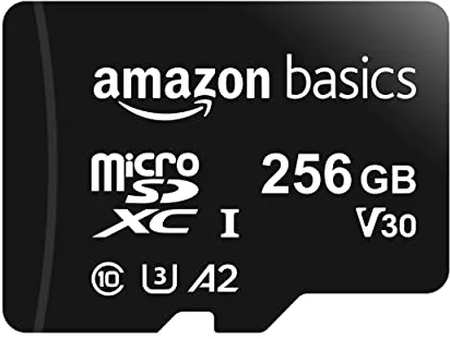 Amazon Basics MicroSDXC, 256 GB, con Adaptador SD, A2, U3, velocidad de lectura hasta 100 MB/s, Negro