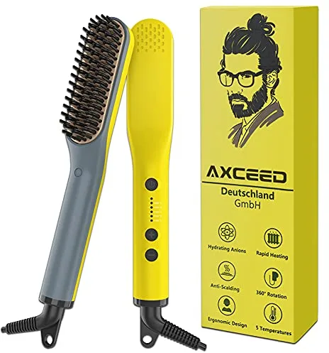 Axceed 2 in 1 Peine Cepillo Alisador de Barba Electrico, PTC 30 Segundos de Calentamiento Rápido, 5 Temperatura Regulable(120-200 ° C), Tecnología de turmalina, Amarillo