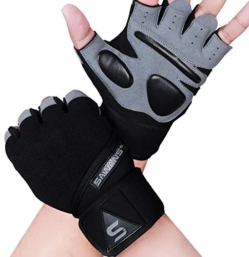 SAWANS Guantes de Gimnasio para Entrenamiento de Levantamiento de Pesas para Hombres y Mujeres, Soporte de muñeca Acolchados, Agarre Extra, protección de la Palma (Correa de muñeca Larga, XL)