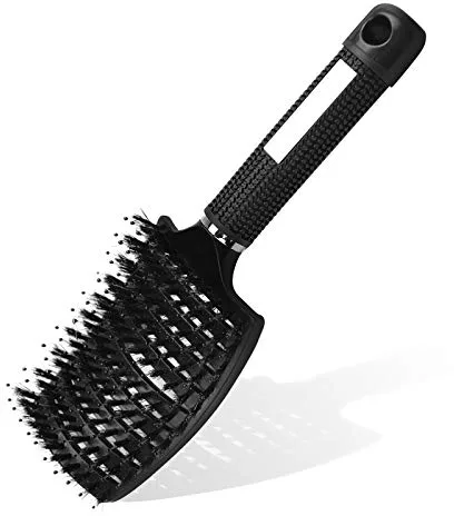 URAQT Cepillo de Pelo Grueso, con Cerdas de Jabalí Naturales, Peine de Pelo Masaje Curvo y Ventilado, para Secado Más Rápido, Reducir el Encrespamiento y la Rotura (Negro)