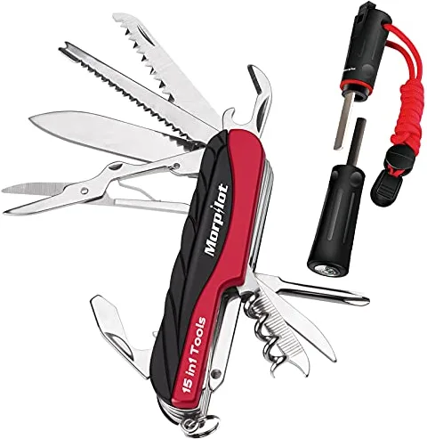 Navaja Multifuncional Morpilot 15 en 1 Navaja Suiza y Pedernal con Encendedor de Fuego, Último Cuchillo Multiuso Acero Inoxidable, Navaja Caza Pesca, Impermeable Herramienta Múltiusos