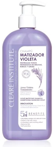 Clearé Institute - Champú Matizador Violeta Natural Sin Sulfatos SLS, SLES | Elimina Tonos Naranja | Para Cabello Rubio, Decolorado, con Mechas o Canas | 97.3% de Ingredientes Naturales | 400 ml