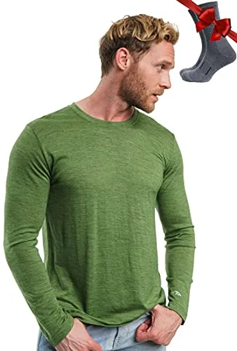 Merino.tech Camiseta Lana Merino Hombre - Deportiva Ropa Térmica 100% Lana Merino Ligero, Medio, Pesado con Calcetines(Large, 165 Green Olive)