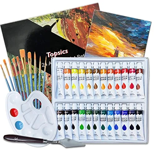 Topsics 37 IN 1 Kit de Pintura Acrílica 24 x 12 ml, con Pincel, Paleta de Mezcla, Lienzo y Raspador, Perfecto Para Lienzo, Madera, Tela